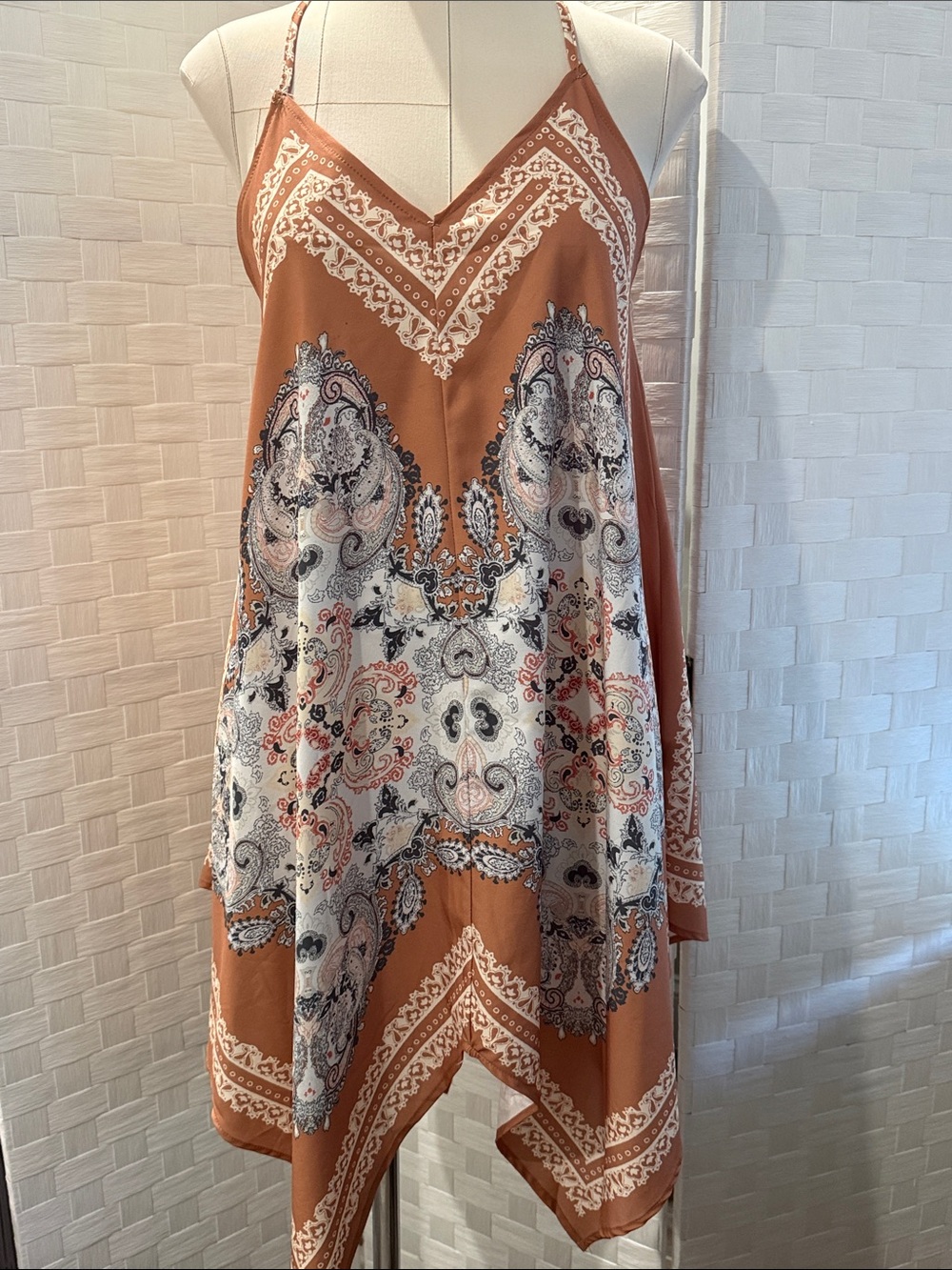 Asymmetrical Paisley Handkerchief Dress in Rust